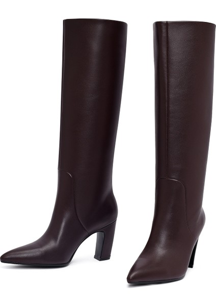 Kadın Bordo Kalın Topuklu Deri Çizme 25WFD491918 modelleri