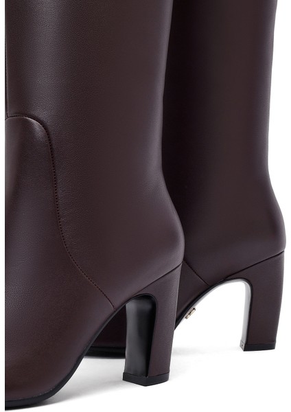 Kadın Bordo Kalın Topuklu Deri Çizme 25WFD491918