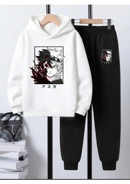 Punıx Kıds Özel Tasarım Kapüşonlu Savaşçı Anime Baskılı %100 Pamuk Kışlık Japon Trend Erkek Çocuk Eşofman Takımı