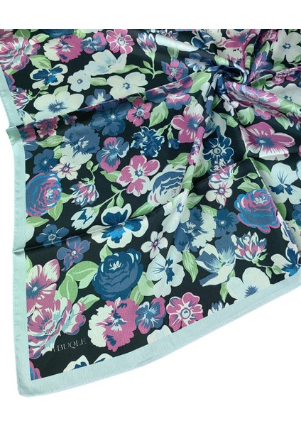 Buqle Jan Jan Çiçek Desenli Saten Eşarp - 100X100 cm