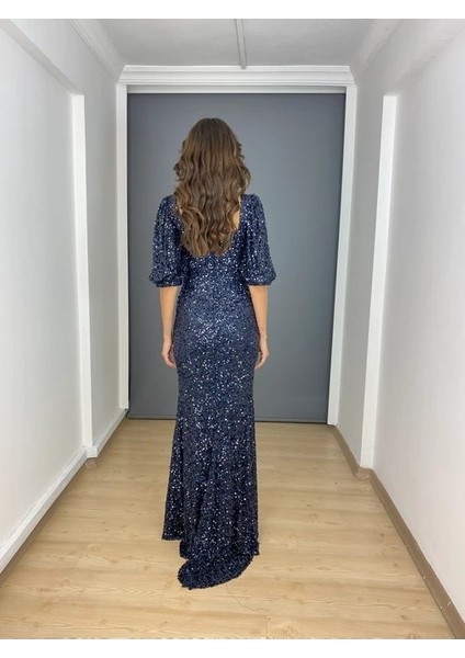 Lacivert Payet Kare Yaka Karpuz Kollu Yırtmaçlı Uzun Abiye Elbise fiyatları