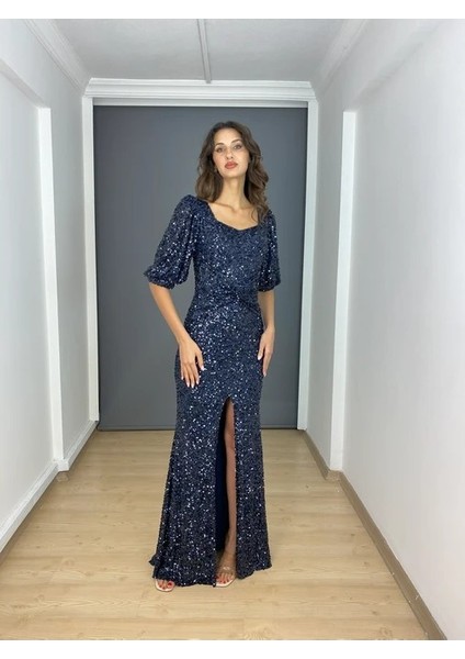 Lacivert Payet Kare Yaka Karpuz Kollu Yırtmaçlı Uzun Abiye Elbise modelleri
