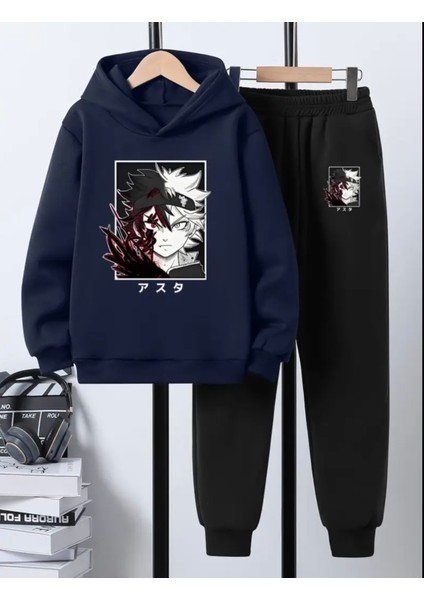 Punıx Kıds Özel Tasarım Kapüşonlu Savaşçı Anime Baskılı %100 Pamuk Kışlık Japon Trend Erkek Çocuk Eşofman Takımı