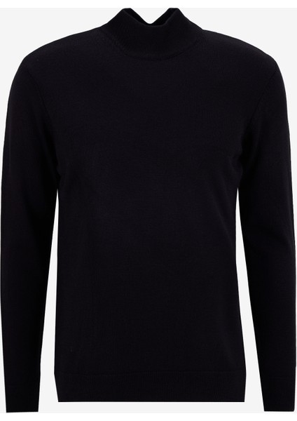 Dik Yaka Basic Düz Siyah Erkek Kazak PBF5WM-KZK9556