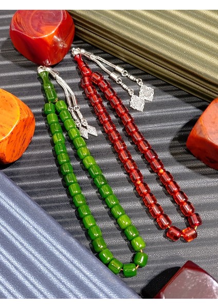 Yeşil Sıkma Kehribar Tesbih + Bal Rengi Sıkma Çubuk Kehribar Tesbih