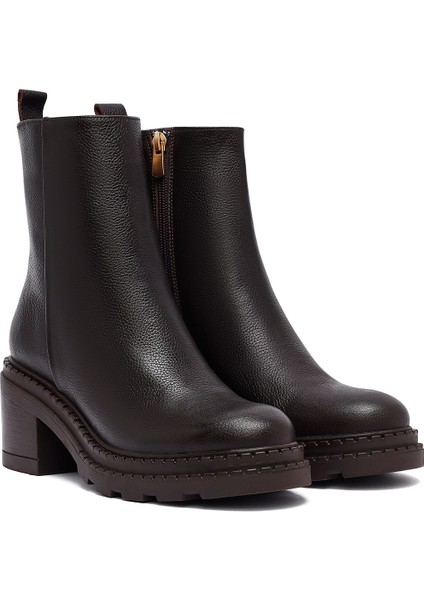 Kadın Kahverengi Fermuarlı Kalın Topuklu Deri Bot 25WFD2037FT indirimleri