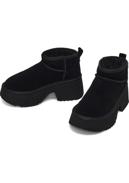 Kadın Siyah Kalın Tabanlı Süet Deri Teddy Bot 25WFD492910 modelleri