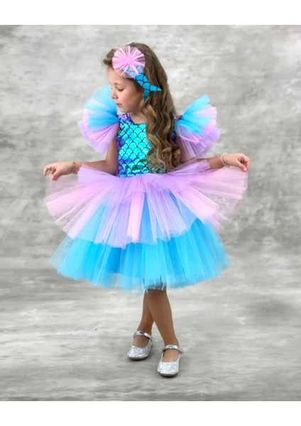 Tokalı Kız Çocuk A Kalitede Deniz Kızı Konsept Elbise Parti Mezuniyet Doğum Günü Kostüm Düğün Abiye