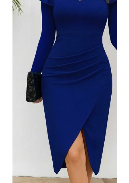 Kadın Uzun Kollu Kalp Yaka Önden Çapraz Detaylı Midi Ithal Krep Elbise modelleri