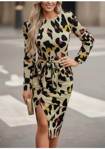 Kadın Uzun Kollu Yuvarlak Yaka Belden Kuşaklı Önden Yırtmaçlı Örme Krep Elbise modelleri