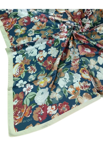 Buqle Jan Jan Çiçek Desenli Saten Eşarp - 100X100 cm