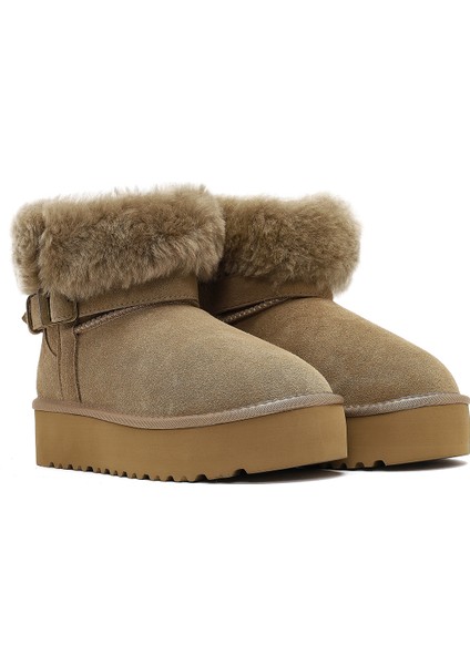 Kadın Bej Kalın Tabanlı Kürk Detaylı Süet Deri Teddy Bot 25WFD492410 indirimleri