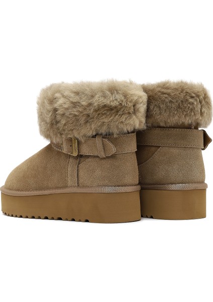 Kadın Bej Kalın Tabanlı Kürk Detaylı Süet Deri Teddy Bot 25WFD492410