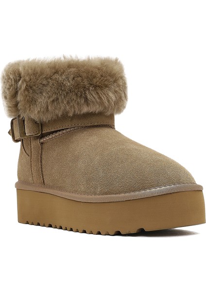 Kadın Bej Kalın Tabanlı Kürk Detaylı Süet Deri Teddy Bot 25WFD492410