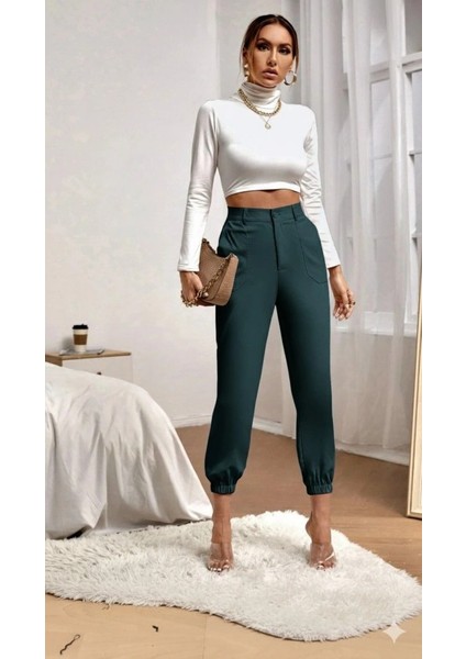 Kadın Yüksek Bel Cepli Paçası Lastikli Ithal Krep Pantolon fırsatları