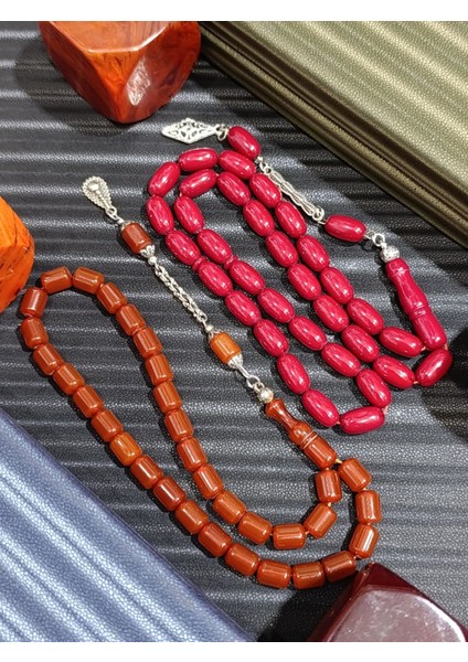 Kırmızı Sıkma Çubuk Kehribar + Kahverengi Çubuk Kehribar Tesbih