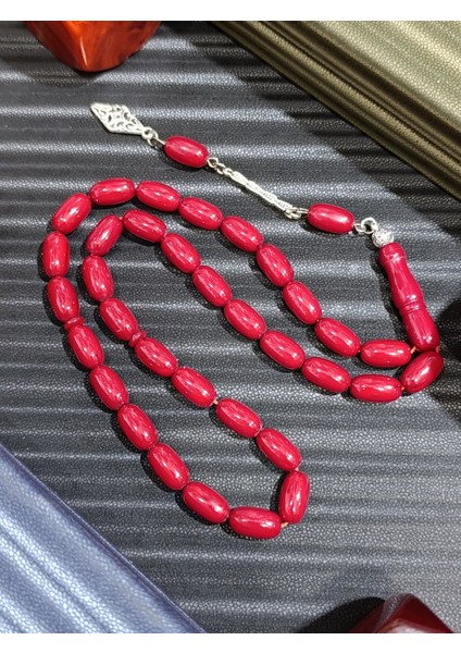 Kırmızı Sıkma Çubuk Kehribar + Kahverengi Çubuk Kehribar Tesbih modelleri