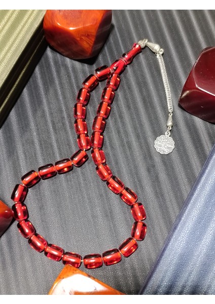 Kırmızı Sıkma Çubuk Kehribar Tesbih Kapsül Kesim