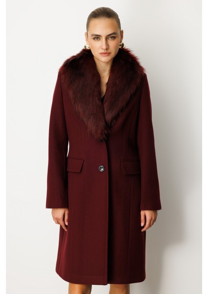Yakası Kürklü Kapak Cepli Kaban Bordo 06065