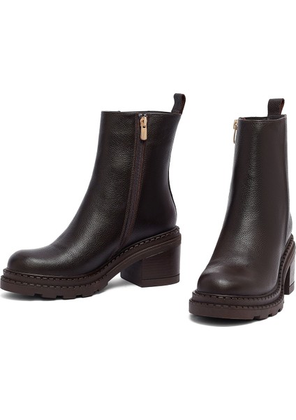 Kadın Kahverengi Fermuarlı Kalın Topuklu Deri Bot 25WFD2037FT modelleri