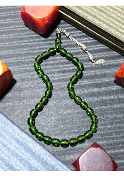 Sıkma Çubuk Kehribar Tesbih Yeşil Renkli