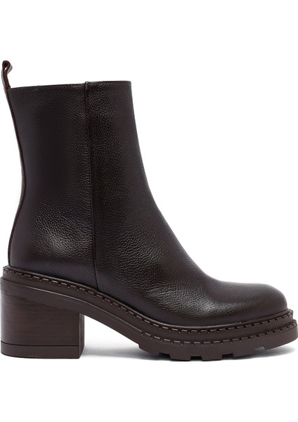 Kadın Kahverengi Fermuarlı Kalın Topuklu Deri Bot 25WFD2037FT