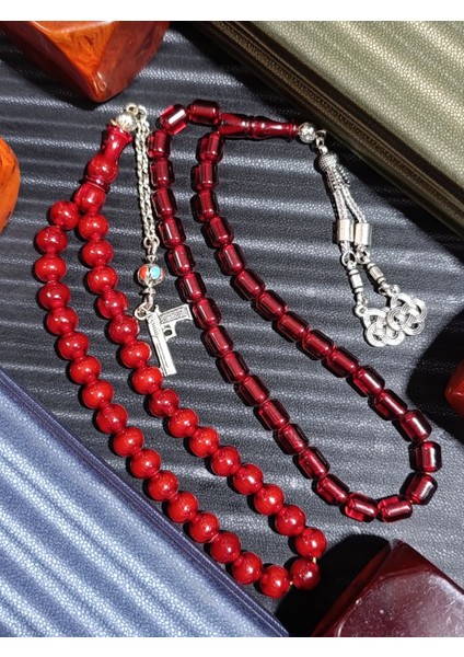 Sıkma Çubuk Kehribar Tesbih Kırmızı & Kahverengi
