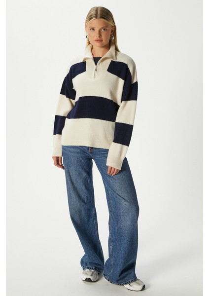 Kadın High Yumuşak Doku Polo Yaka Fermuarlı Taş Lacivert Çizgili Triko Kazak TZ00424 fiyatları