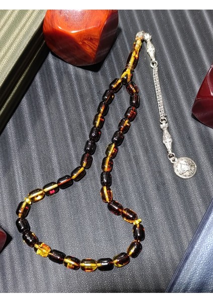 Siyah-Sarı Ateş Kehribar Tesbih Kapsül Kesim