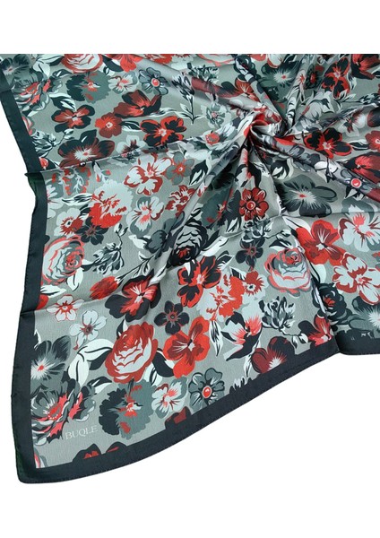 Buqle Jan Jan Çiçek Desenli Saten Eşarp - 100X100 cm