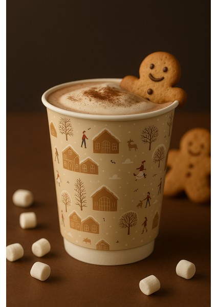 Kış Temalı Kurabiye Ev Desenli Karton Bardak – 14 Oz | Sıcak Içecek , Çift Katlı, Dayanıklı Bardak 5 Adet modelleri