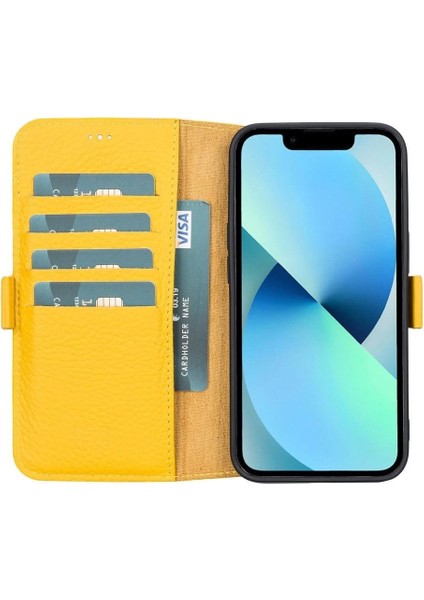 Apple iPhone 13 Uyumlu Deri Cüzdanlı Kılıf Limon Sarı indirimleri