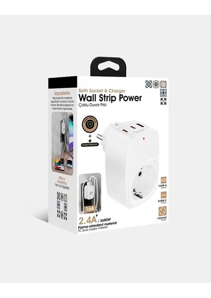 Tekli Yüksek Voltaj Korumalı Duvar Prizi 2x Type-C 1x USB Çıkışlı Priz Grup Priz Çoğaltıc� fırsatları