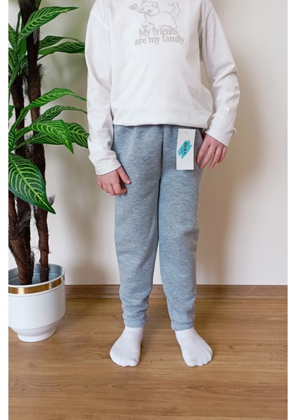 Çocuk Gri 3 Iplik Şardonlu Paçası Lastikli Kışlık Eşofman Altı modelleri