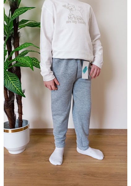 Çocuk Gri 3 Iplik Şardonlu Paçası Lastikli Kışlık Eşofman Altı