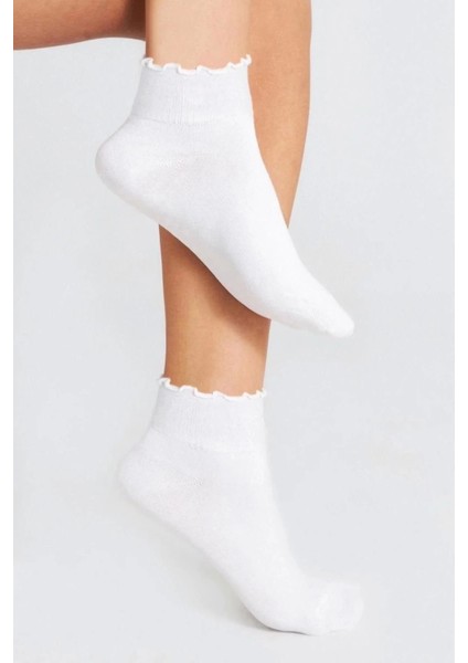Bambu Kadın Beyaz Fırfırlı Lastiksiz Kadın Soket 3lü Beyaz Çorap/iz Bırakmaz /sıkmayan Çorap