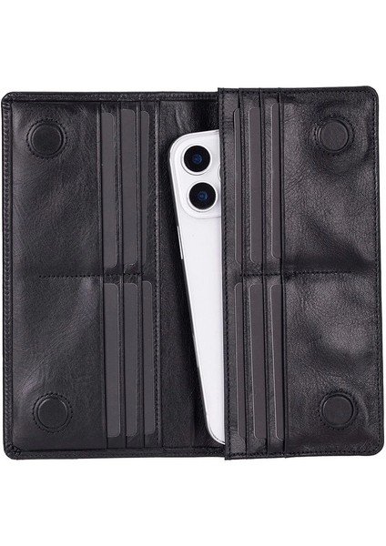 Aura Hakiki Deri, El Yapımı, Telefon Bölmeli, Kadın Cüzdanı, Kömür Siyahı