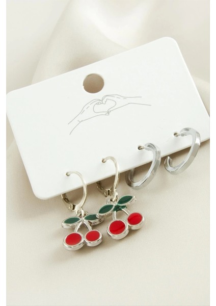 4 Adet Kiraz Mineli Halka Küpe