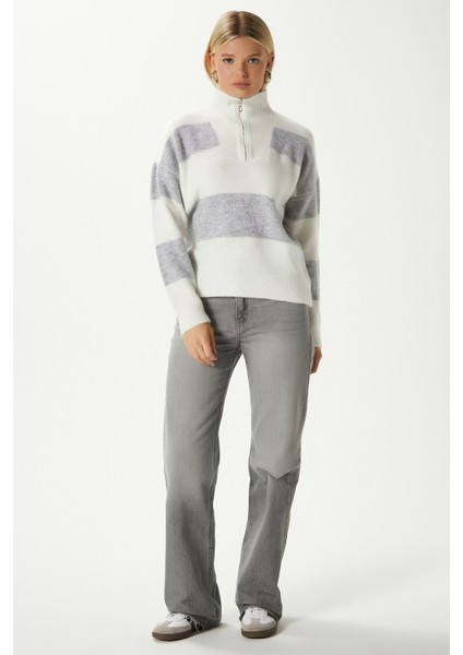 Kadın High Yumuşak Doku Polo Yaka Fermuarlı Taş Gri Çizgili Triko Kazak fiyatları