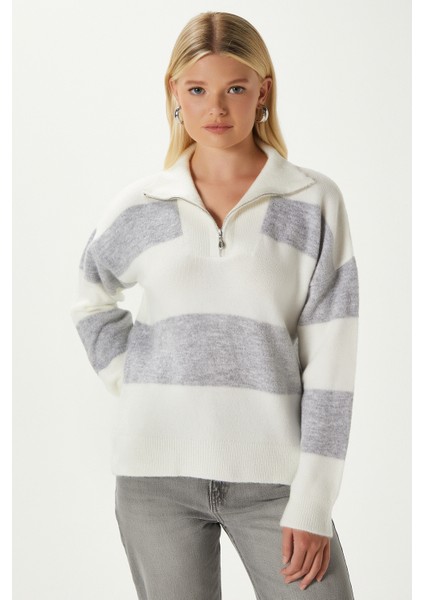 Kadın High Yumuşak Doku Polo Yaka Fermuarlı Taş Gri Çizgili Triko Kazak modelleri