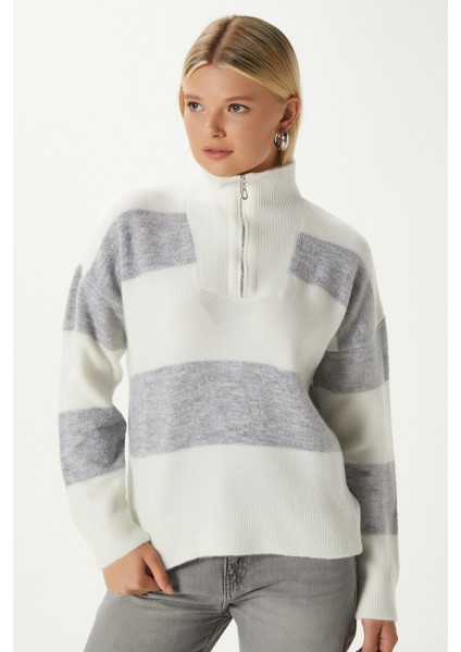 Kadın High Yumuşak Doku Polo Yaka Fermuarlı Taş Gri Çizgili Triko Kazak indirimleri