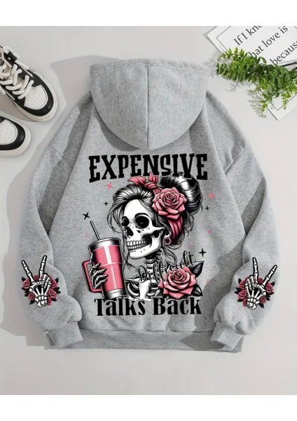 Büyük Beden Özel Tasarım Kapüşonlu Kuru Kafa Sırt Baskılı Oversize Erkek Sweatshırt