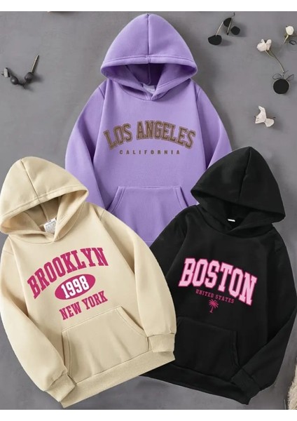 Punıx Kıds Şehir Isimleri Baskılı Kapüşonlu 3 Iplik Kalın Kışlık Kız Çocuk 3'lü Sweatshırt