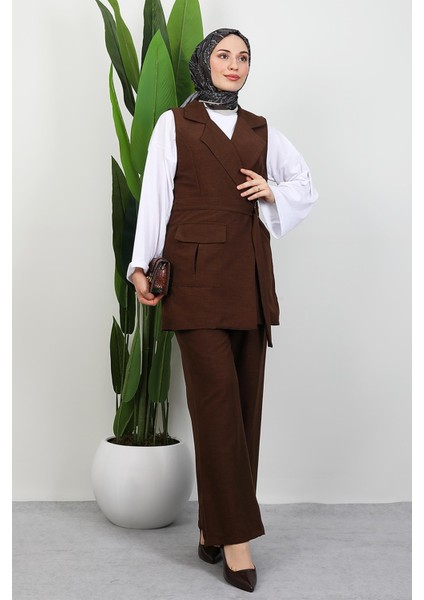 Tek Cepli Kruvaze Yaka Takım Kahverengi fiyatları