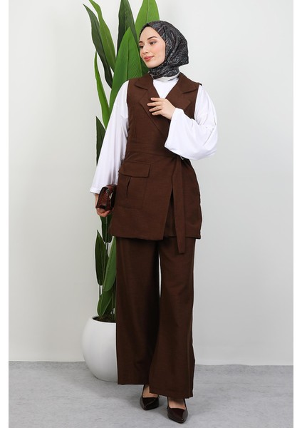 Tek Cepli Kruvaze Yaka Takım Kahverengi modelleri