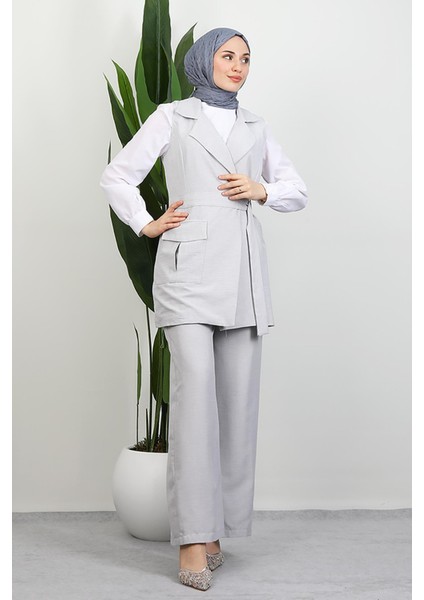 Tek Cepli Kruvaze Yaka Takım Açık Gri