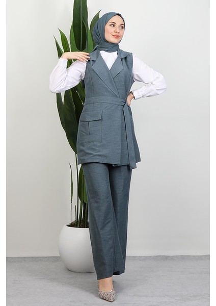 Tek Cepli Kruvaze Yaka Takım Gri Mavi