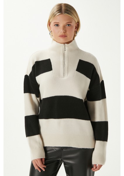 Kadın High Yumuşak Doku Polo Yaka Fermuarlı Taş Siyah Çizgili Triko Kazak TZ00424 fiyatları