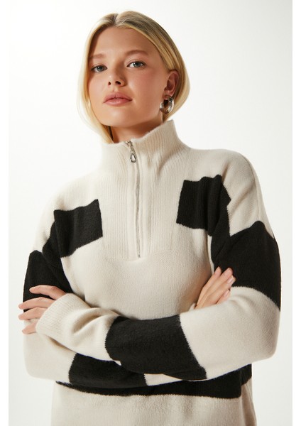 Kadın High Yumuşak Doku Polo Yaka Fermuarlı Taş Siyah Çizgili Triko Kazak TZ00424 modelleri