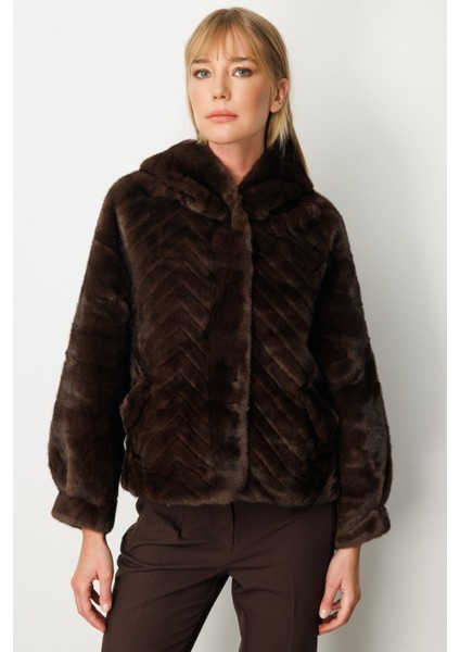 Kapüşonlu Peluş Mont Kahve 06903